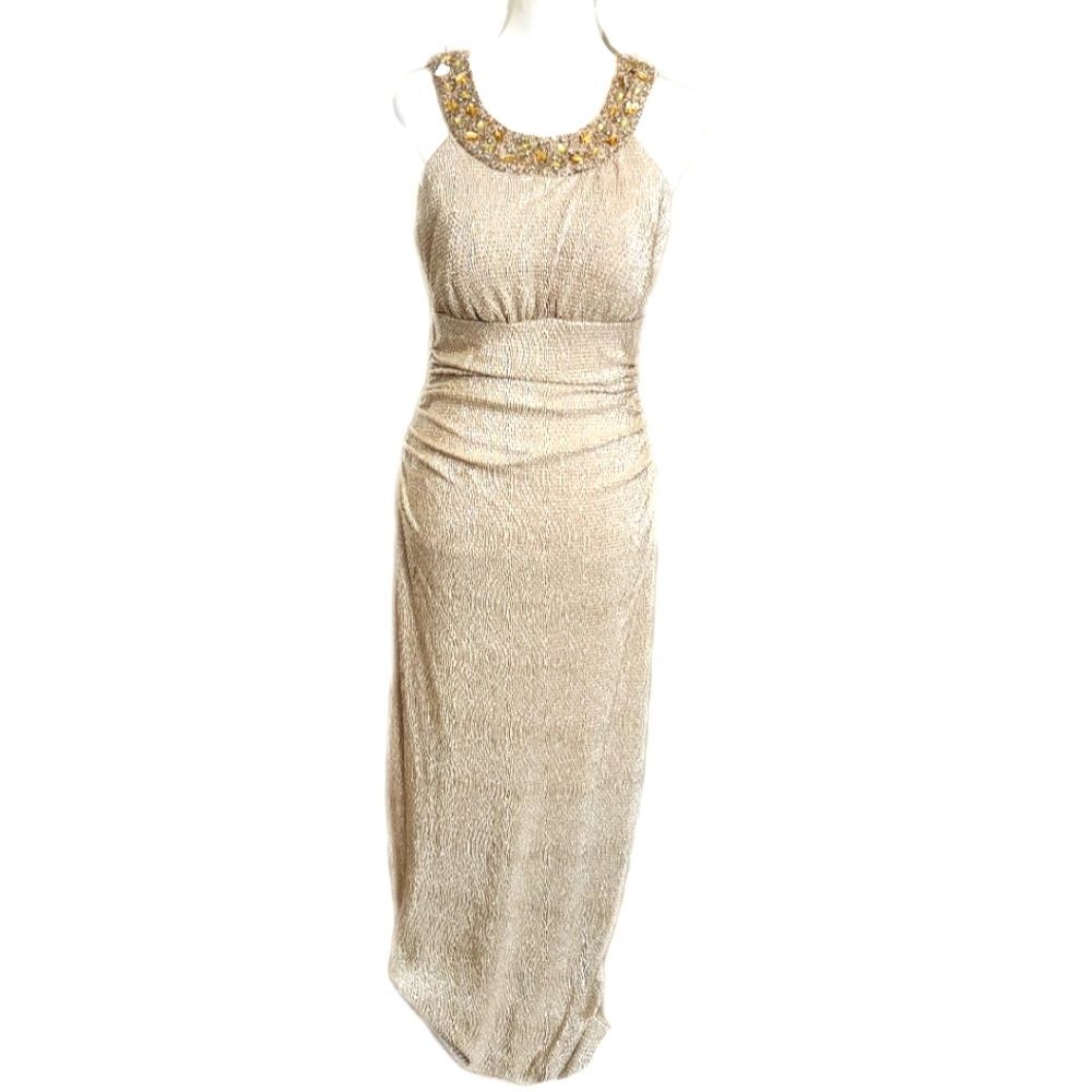 R&M Richards gold metallic sleeveless beaded floor-length formal gown dress 8
